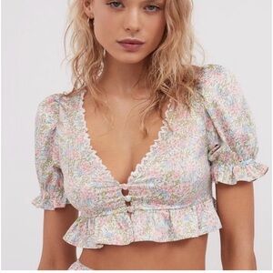 For Love & Lemons Floral Puff-Sleeve Crop Top in Pastel Pink and Cream